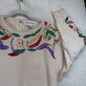 Vintage Victoria Harbour Beaded Sequin Sweater Womens M‎ 80s 90s Statement Knit